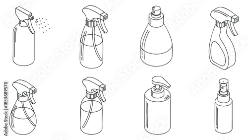 A collection of various spray bottles in outline vector style, ideal for cleaning product branding and packaging