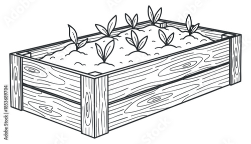 A wooden garden bed with young plants growing in black and white outline style, suitable for gardening and landscaping projects