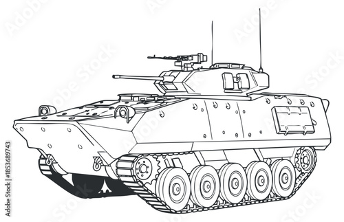 An outline illustration of a military tank in black and white vector style, ideal for military-themed designs