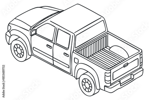 An outline illustration of a pickup truck in black and white vector style, suitable for automotive design projects or transportation themes