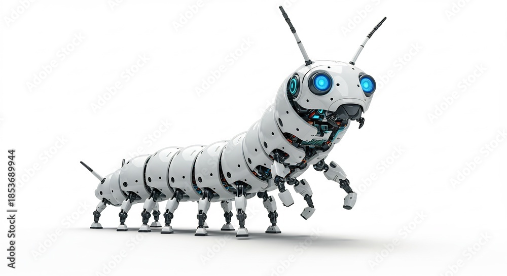 Naklejka premium 明るい照明の下で輝く白いロボットイモムシ青い目と黒い斑点が際立つ未来的な生命体の美しさ. AI Generated