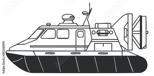 A hovercraft with a sleek design in black and white outline vector style, suitable for marine transportation and technology projects