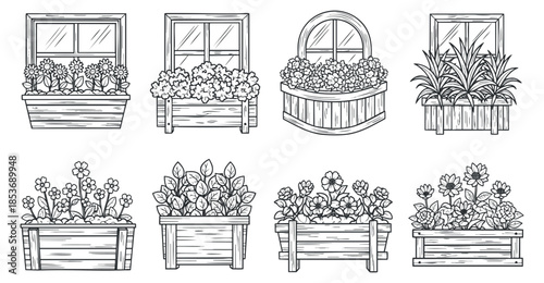 A collection of window planters filled with various flowers and plants in black and white outline vector style, ideal for home decor and gardening themes