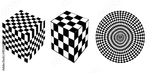 Intriguing black and white optical illusions with checkerboard cubes and a swirling vortex
