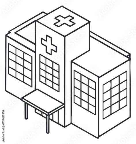 A hospital building with a cross symbol in an outline vector style, suitable for healthcare and medical designs