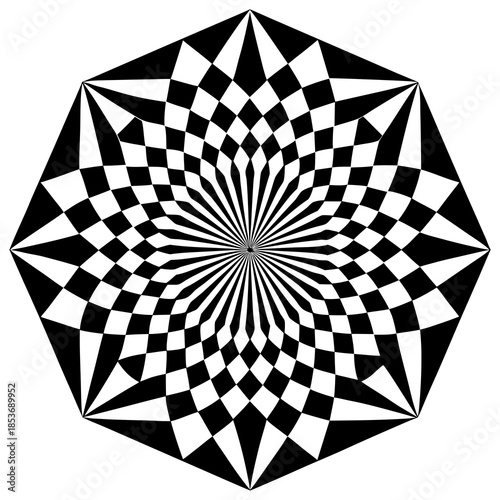 Mesmerizing optical illusion with a black and white geometric checkerboard pattern
