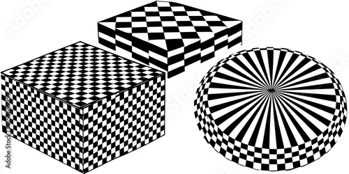 Abstract geometric forms with black and white checkerboard and radial patterns creating visual intrigue