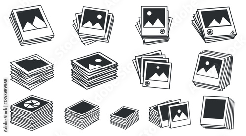 A collection of various photo stack icons and picture frames in black and white vector style, ideal for digital media design
