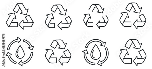 A collection of recycling symbols and water conservation icons in clean minimalist vector style, suitable for environmental designs and sustainability projects