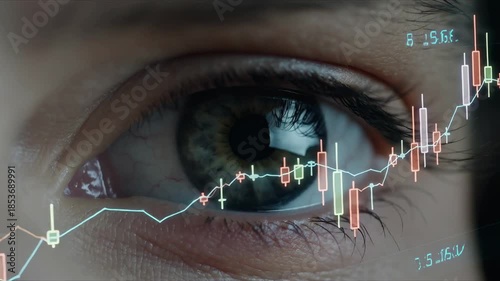 Close-up of an eye reflecting stock market charts, symbolizing focus on financial trends and analysis