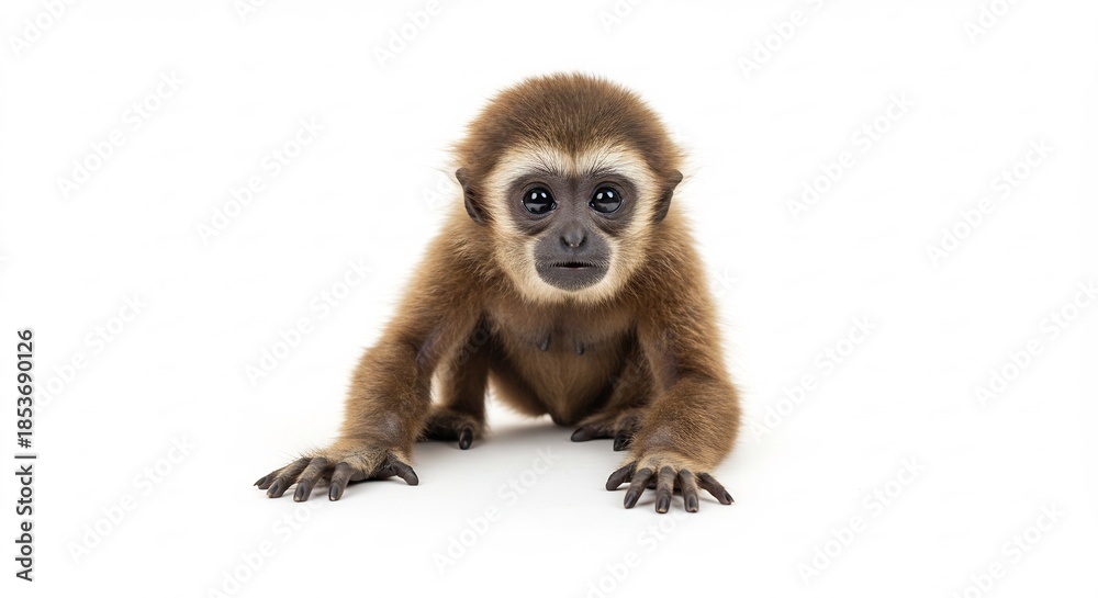 Obraz premium 幼いテナガザルが白い背景でカメラをじっと見つめる愛くるしい瞳と柔らかな茶色の毛並みが際立つ明るいスタジオ撮影. AI Generated