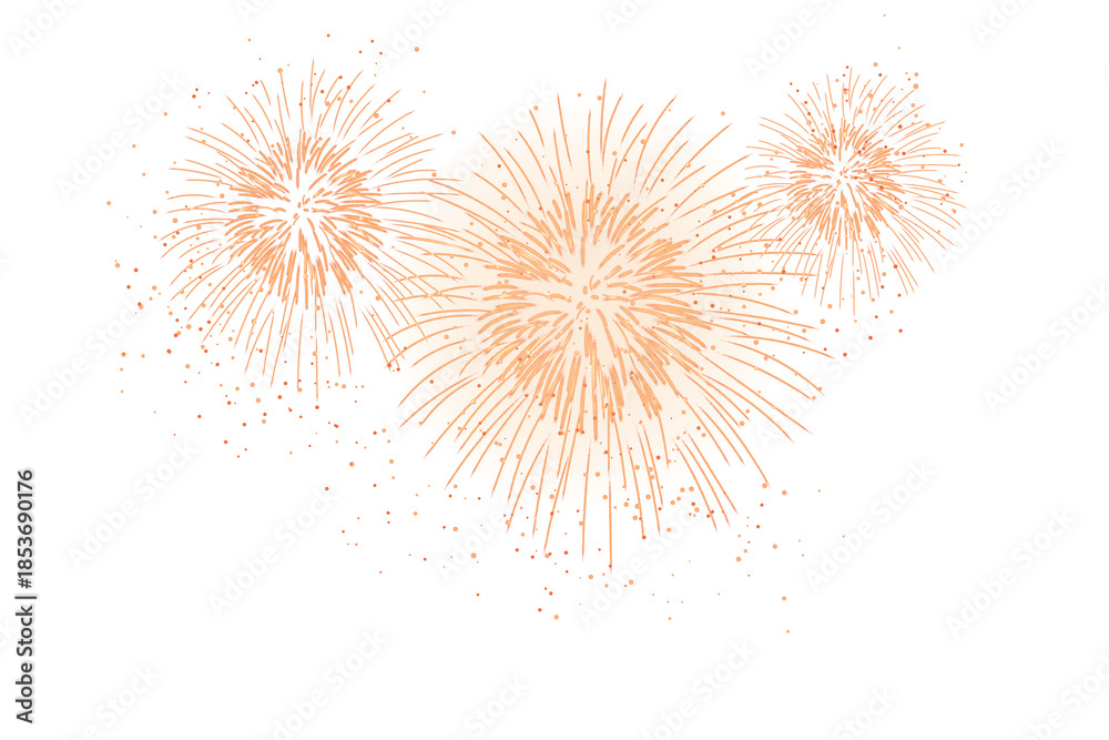 Fototapeta premium Golden glowing PNG fireworks burst across a deep black sky, sparkling trails and glowing orbs, New year, wedding, holiday celebration atmosphere with warm light and dynamic motion.