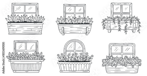 A collection of six window boxes with various plants and flowers in minimalist outline vector style, perfect for home and garden design