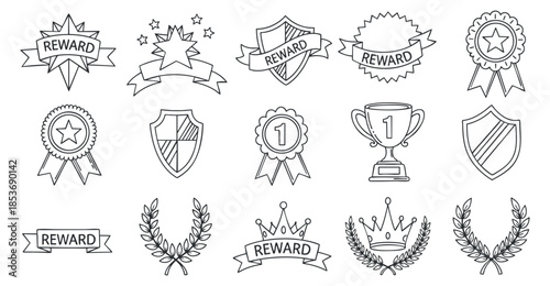 A collection of reward badges, trophies, and laurel wreaths in clean outline vector style, suitable for achievement recognition and branding