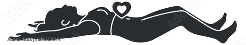 A silhouette of a woman lying down with a heart symbol on her abdomen in black vector style, ideal for wellness and relaxation themes