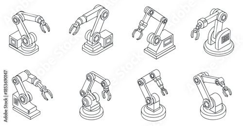 A set of robotic arms in outline vector style, ideal for technology and engineering projects