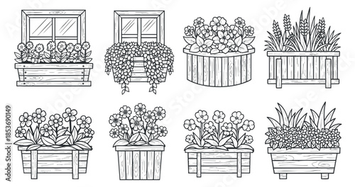 A collection of hand-drawn flower planters and window boxes in linear vector style, suitable for gardening themes and home decor.