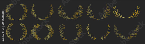 Golden floral wreath frames and circular botanical borders, elegant line art flowers and leaves, luxury decorative wedding invitation design set on transparent background