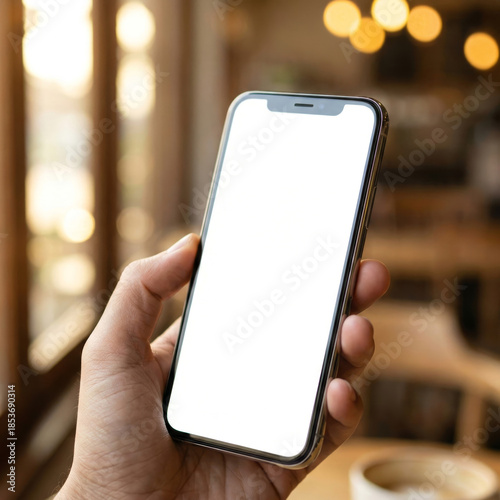 Smartphone with white screen mockup held in a cafe.