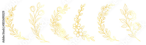 Golden floral wreath frames set, elegant botanical circular borders and ornaments, luxury hand drawn line art vector illustration for wedding design on transparent background