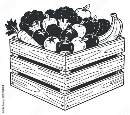 A wooden crate filled with various fruits and vegetables in black and white outlined vector style, suitable for organic food branding