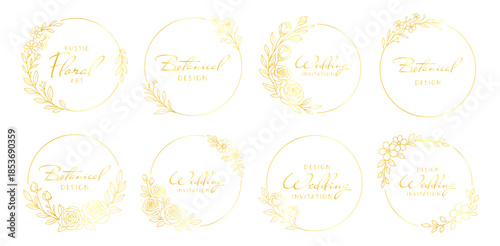 Golden floral wreath frames set, elegant botanical circular borders and ornaments, luxury hand drawn line art vector illustration for wedding design on transparent background