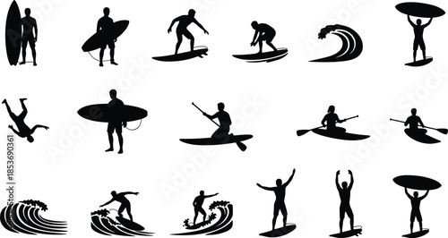 Water sports silhouette vector set, surfing, kayaking, wave riding, paddling, beach activity, surfboard pose, dynamic motion, adventure icon