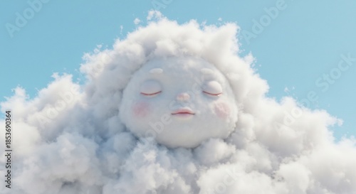 青空に漂うふわふわの雲の顔が穏やかに眠る夢のような光が愛らしい表情を優しく照らす. AI Generated