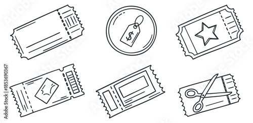 A collection of various tickets and labels in clean outline vector style, ideal for event management and promotional materials