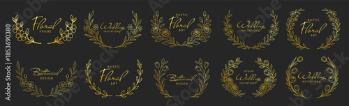 Golden floral wreath frames and circular botanical borders, elegant line art flowers and leaves, luxury decorative wedding invitation design set on transparent background