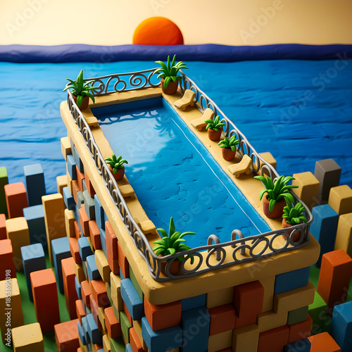 A terrace on a skyscraper with a swimming pool offering a beautiful view of the surrounding city by the sea