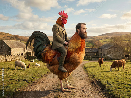Man with a rooster head riding a giant rooster with a man's head in a peaceful countryside setting, blending rural charm with whimsical fantasy.