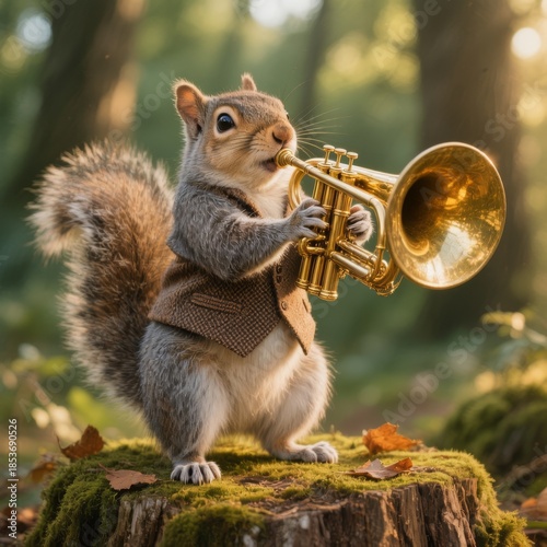 Anthropomorphic squirrel plays the trumpet.