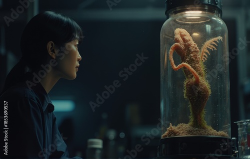 Woman Examining Alien Creature in Glass Cylinder in Dark Room