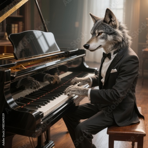 Anthropomorphic wolf plays the piano.