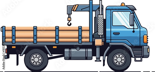 Vector Illustration of Blue Flatbed Truck with Hydraulic Crane and Cargo Load