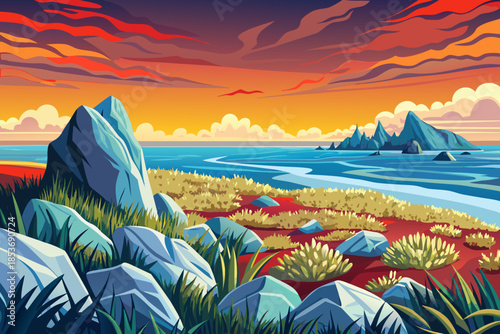 grassy coastal meadow stretches toward the sea, blending open plant fields with ocean horizons and soft shoreline transitions