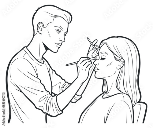 A makeup artist applying makeup to a model's face in clean black and white line art style, suitable for beauty and fashion projects