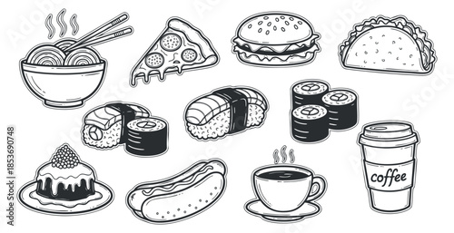 A set of various food items including sushi, noodles, pizza, burgers, and coffee in black and white outline vector style, perfect for menu designs and culinary branding