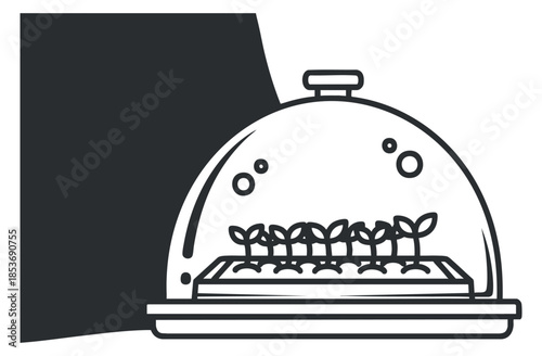 A cloche covering seedlings in a dome-shaped tray in black and white outline vector style, ideal for gardening and sustainability projects