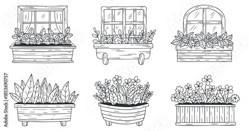 A collection of six hand-drawn window boxes with various plants and flowers in outline vector style, ideal for gardening and home decor projects