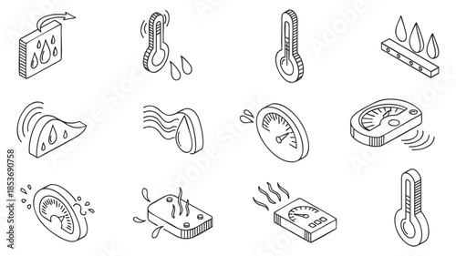 A collection of temperature and humidity measurement icons in clean line art vector style, ideal for weather applications and environmental designs