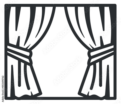 A decorative window curtain in black and white outline vector style, ideal for interior design projects and home decor