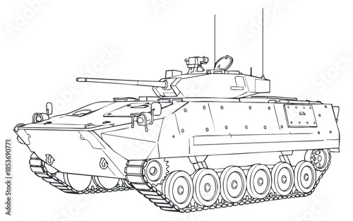 An armored military tank in detailed outline vector style, suitable for educational materials and military-themed designs
