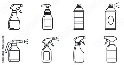 A collection of various spray bottles and cleaning containers in outline vector style, suitable for cleaning product branding and packaging