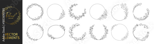 Floral wreath logo set, botanical frames and wedding invitation elements, elegant rustic hand drawn line art vector collection on transparent background