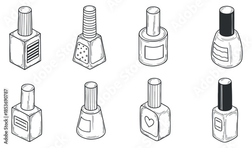 A collection of nine hand-drawn nail polish bottles in outline vector style, perfect for beauty and cosmetics design projects