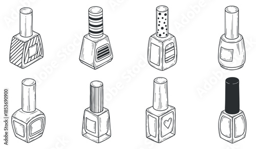 A collection of various nail polish bottles in minimalist outline vector style, ideal for beauty and fashion projects