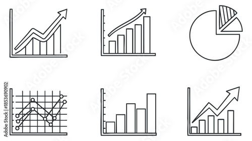 A set of six financial and statistical charts in black and white outline vector style, ideal for business presentations and reports