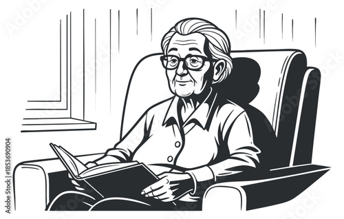 An elderly woman reading a book in a comfortable chair in black and white vector style, perfect for lifestyle illustrations